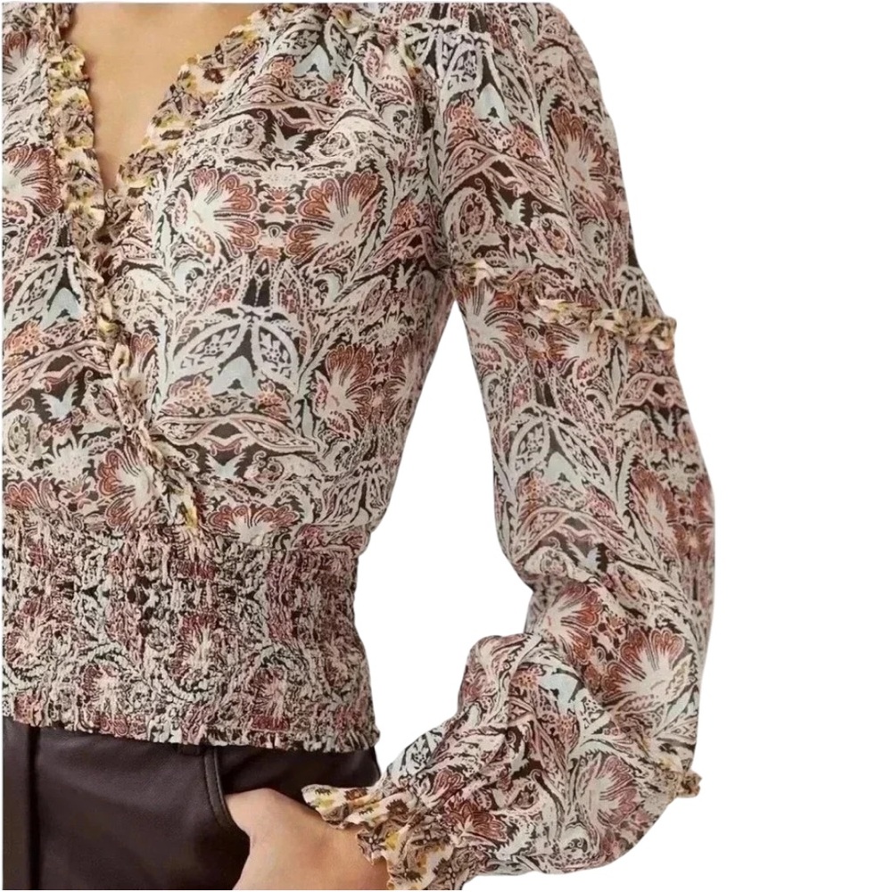 ANTHROPOLOGIE Faux Wrap Deep-V Neck Paisley Ruffle Blouse, size extra small - Picture 5 of 11